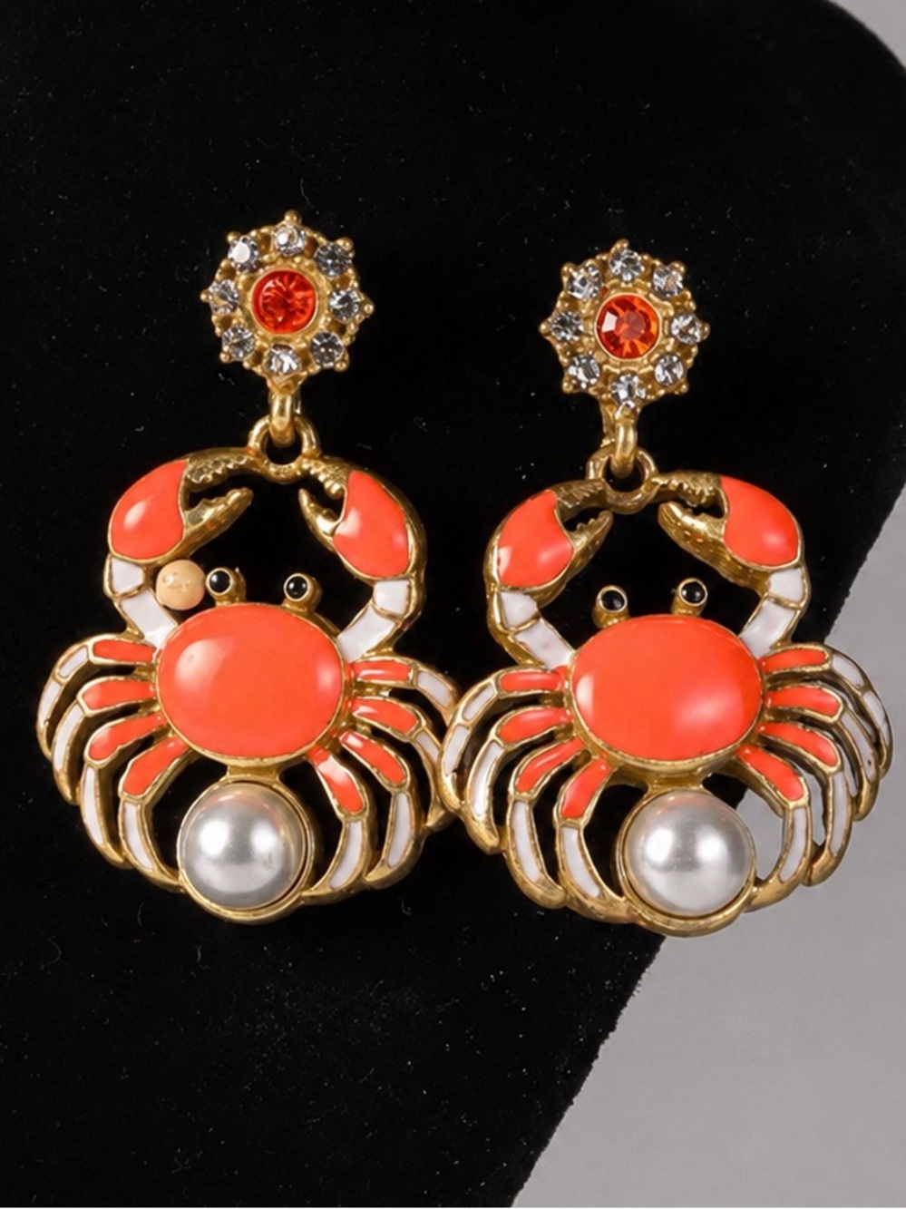 Coral Crab Statement Stud Earrings – Pearl & Crystal Gold Tone Dangle Earrings